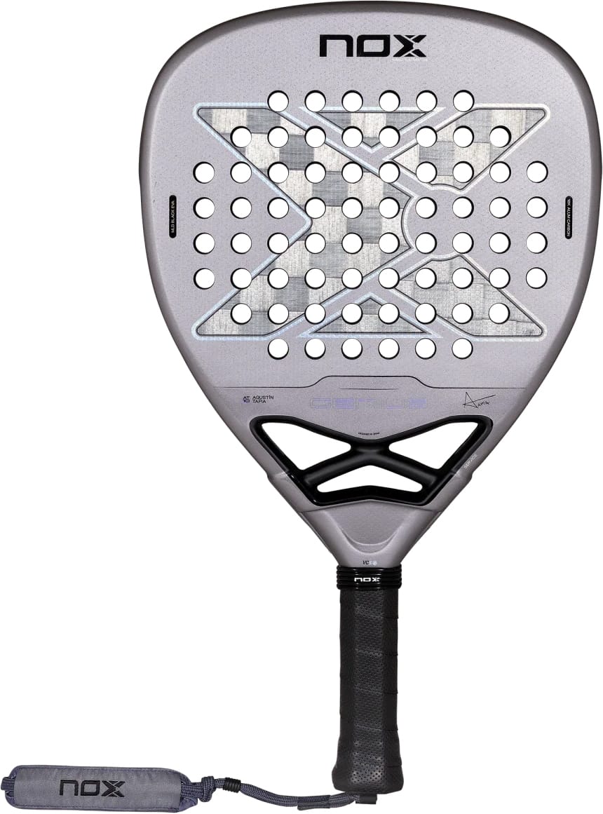 Gray diamond-shaped NOX AT10 Genius Attack 18K Alum By Agustín Tapia 2027 padel racket featuring a patterned hole design, black handle, and a matching wrist strap.