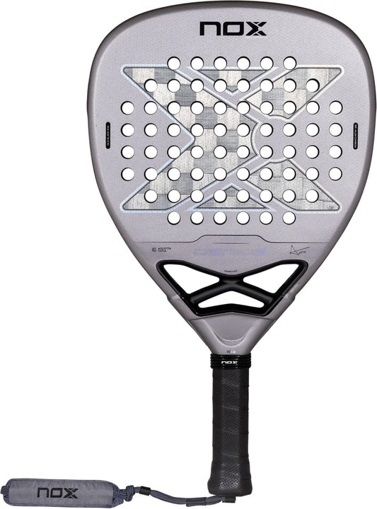 Gray diamond-shaped NOX AT10 Genius Attack 18K Alum By Agustín Tapia 2027 padel racket featuring a patterned hole design, black handle, and a matching wrist strap.