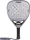 Gray diamond-shaped NOX AT10 Genius Attack 18K Alum By Agustín Tapia 2027 padel racket featuring a patterned hole design, black handle, and a matching wrist strap.