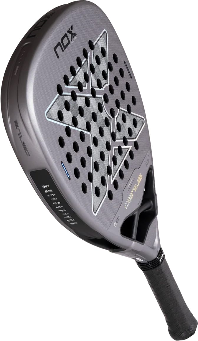 Gray NOX AT10 Genius Attack 18K Alum By Agustín Tapia 2027 padel racket with a diamond-shaped hole pattern and a black handle.