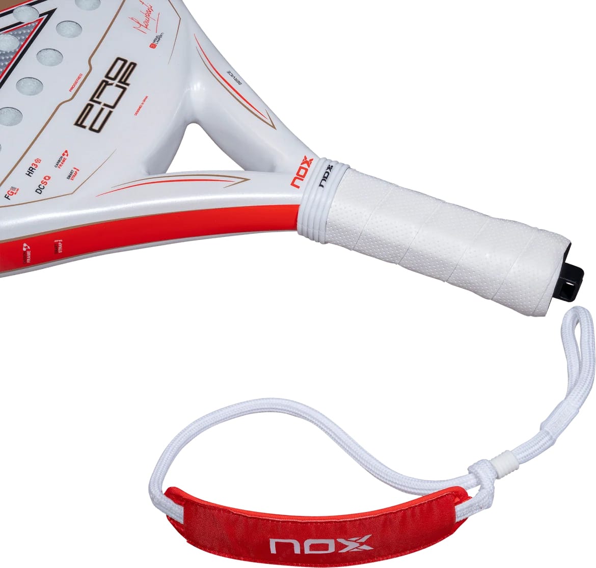 White NOX ML10 Pro Cup Coorp By Miguel Lamperti 2027 padel racket with red accents and a white grip featuring a red and white wrist strap.