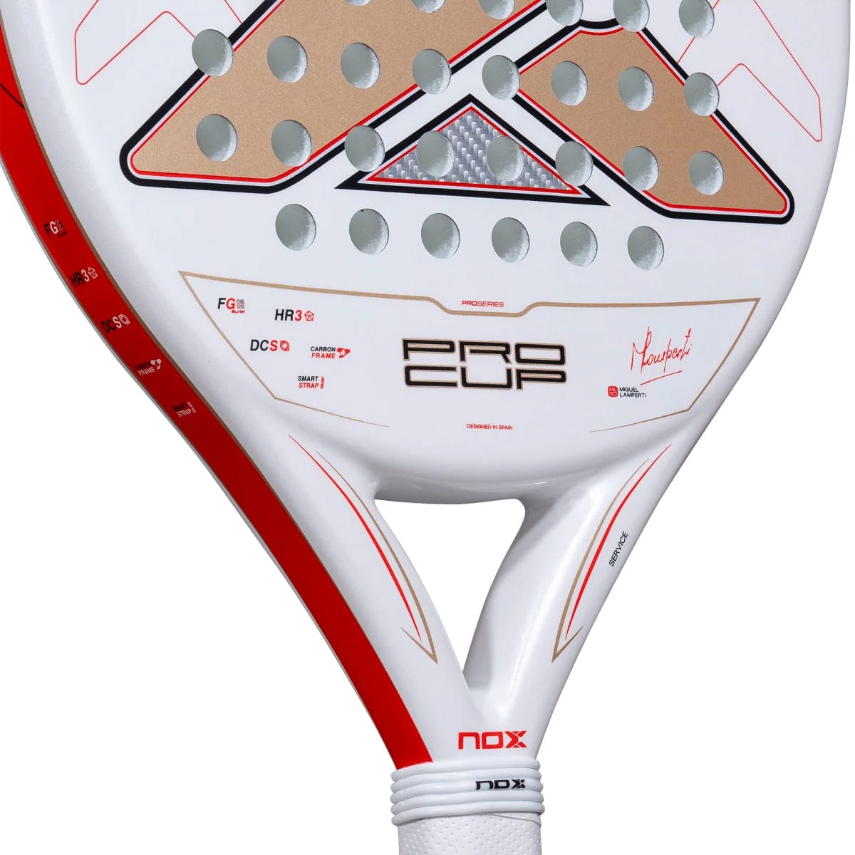 White NOX ML10 Pro Cup Coorp By Miguel Lamperti 2027 padel racket with a circular head, perforated surface, red accents, and technical labels printed on the face.
