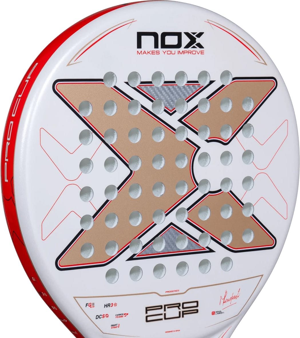 Round white NOX ML10 Pro Cup Coorp By Miguel Lamperti 2027 padel racket featuring a large, stylized gold X-shape with perforations across the surface and red accents.