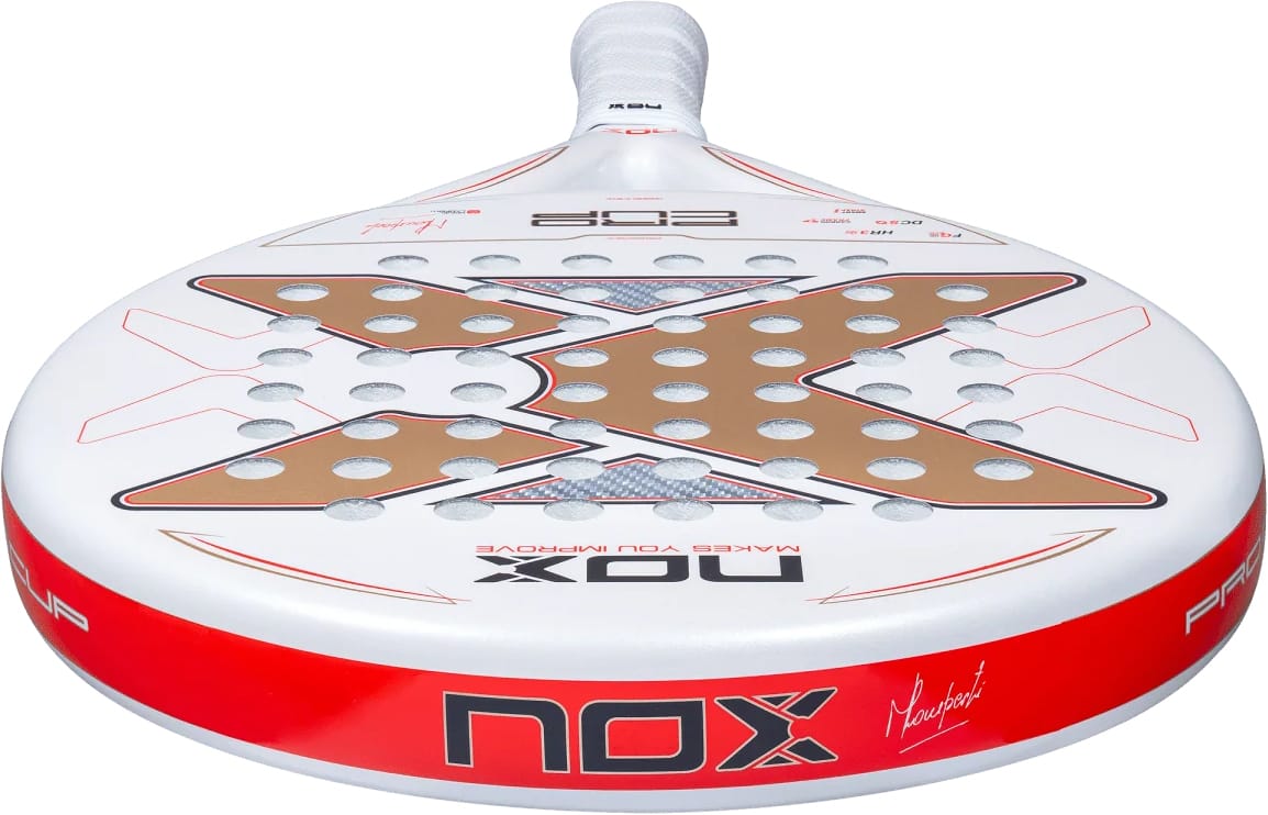 NOX ML10 Pro Cup Coorp By Miguel Lamperti 2027 padel racket in white and red, featuring a textured, metallic bronze X-shaped graphic across the center of the face.