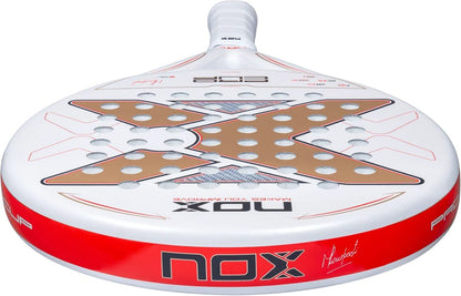 NOX ML10 Pro Cup Coorp By Miguel Lamperti 2027 padel racket in white and red, featuring a textured, metallic bronze X-shaped graphic across the center of the face.