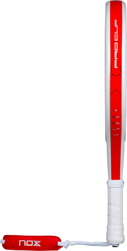 A white and red NOX ML10 Pro Cup Coorp By Miguel Lamperti 2027 padel racket featuring a white grip handle and a matching red wrist strap.