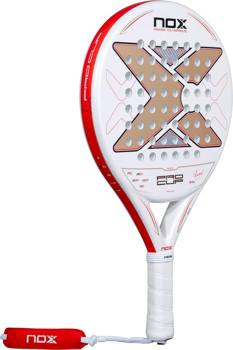 NOX ML10 Pro Cup Coorp By Miguel Lamperti 2027 padel racket in white and red, featuring a perforated surface, gold-colored cross detailing, and a wrist strap attached to the white handle.