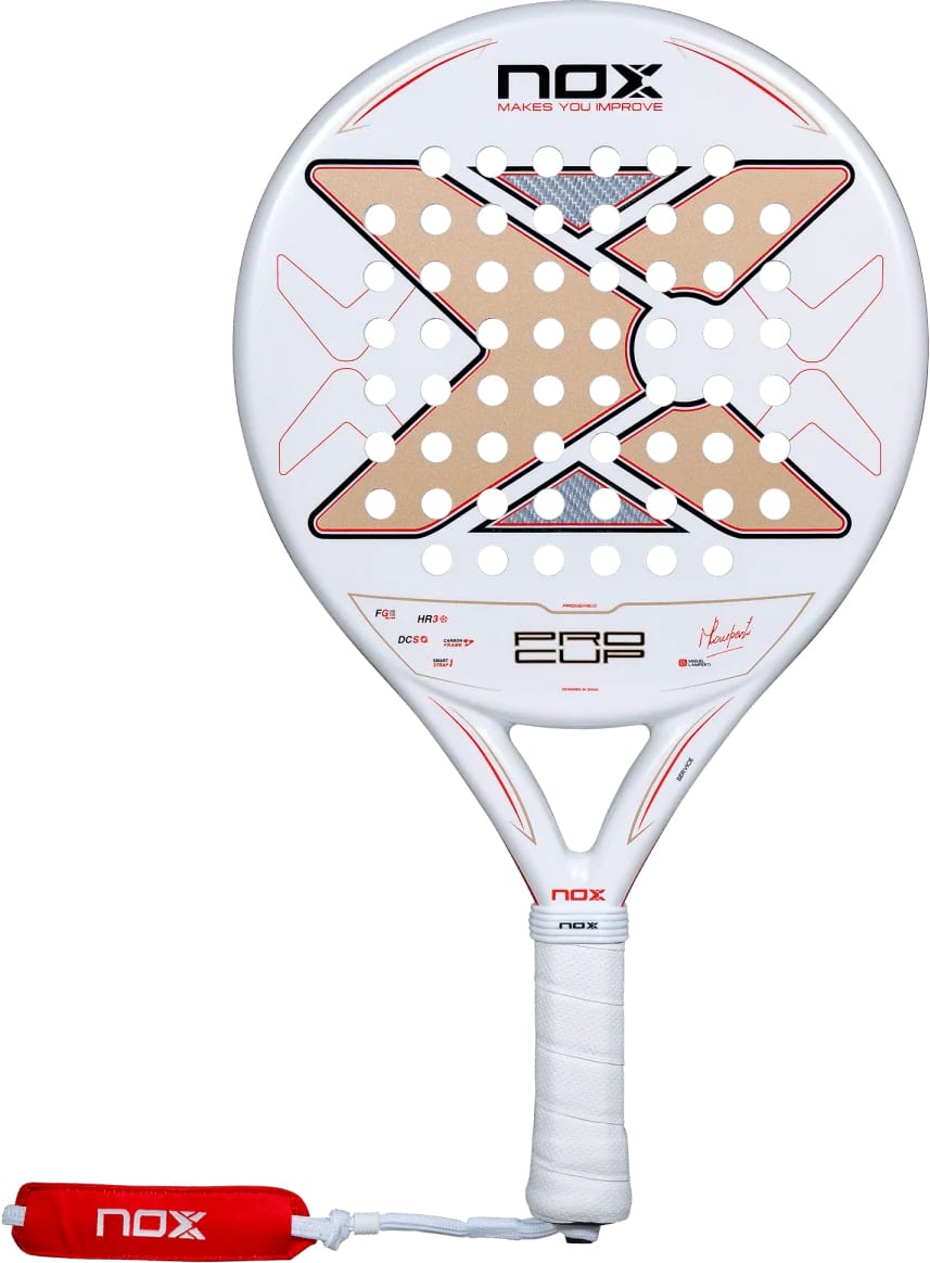 NOX ML10 Pro Cup Coorp By Miguel Lamperti 2027 padel racket featuring a large tan X-shaped pattern across the perforated surface and a red wrist strap attached to the handle.
