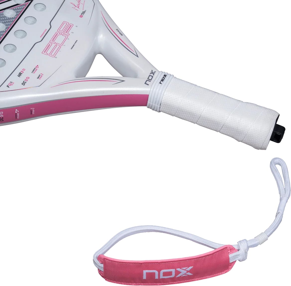 NOX ML10 Pro Cup Silver By Miguel Lamperti 2027 padel racket in white with pink accents, a white handle grip, and a separate white wrist strap with a pink logo patch.