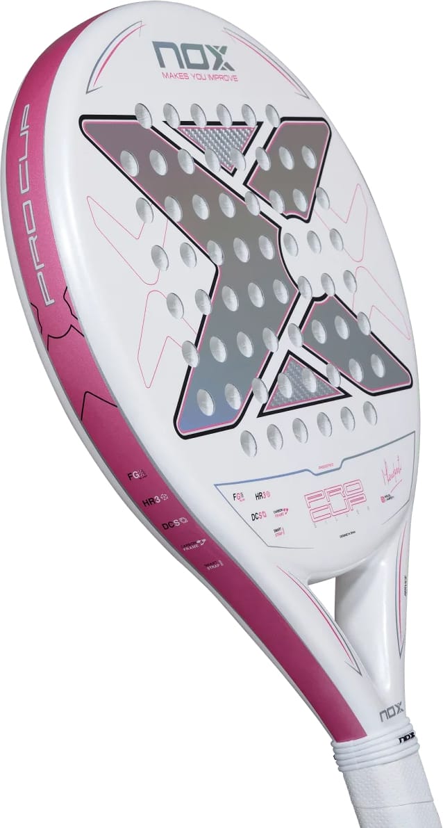 NOX ML10 Pro Cup Silver By Miguel Lamperti 2027 padel racket in white and pink, featuring a large grey “X” pattern of perforations on the face.