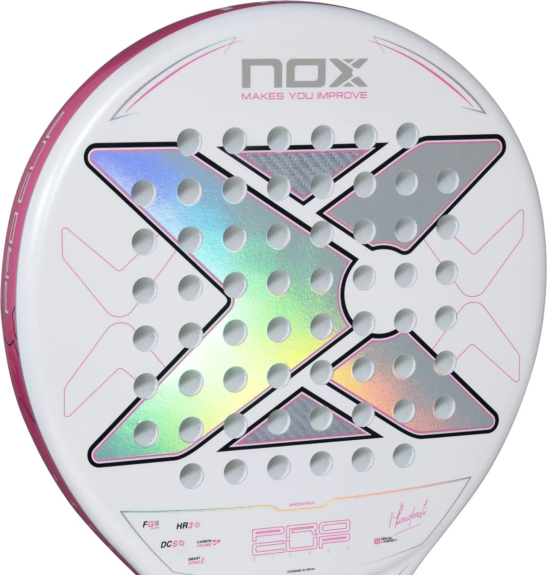 NOX ML10 Pro Cup Silver By Miguel Lamperti 2027 padel racket featuring a white surface, a large iridescent X-shaped graphic, circular air holes, and pink accents.