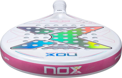 NOX ML10 Pro Cup Silver By Miguel Lamperti 2027 padel racket featuring a white circular head, a large iridescent X-shaped pattern, and pink detailing on the edge.