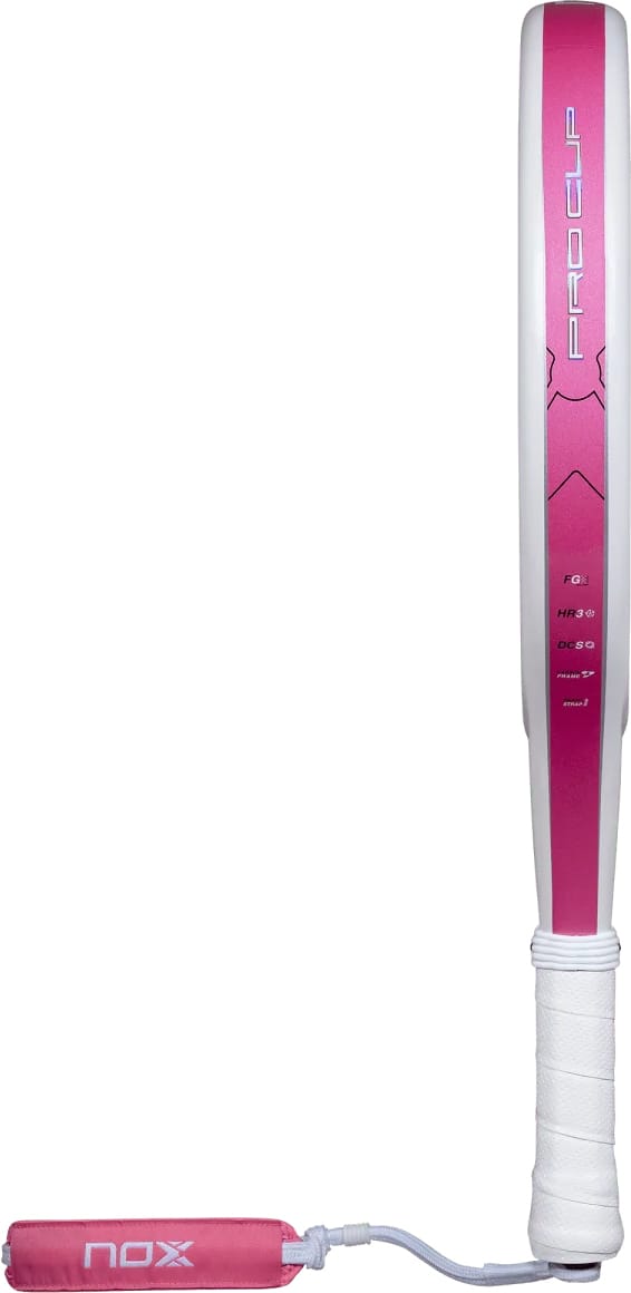 Side view of a white NOX ML10 Pro Cup Silver By Miguel Lamperti 2027 padel racket featuring pink accents and a pink wrist strap.