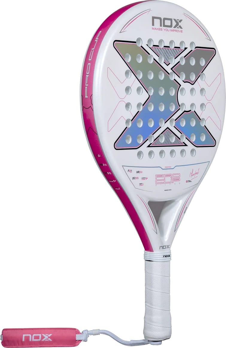 NOX ML10 Pro Cup Silver By Miguel Lamperti 2027 padel racket in white and pink, featuring a perforated surface, a central iridescent “X” logo, and a white handle with a pink wrist strap.
