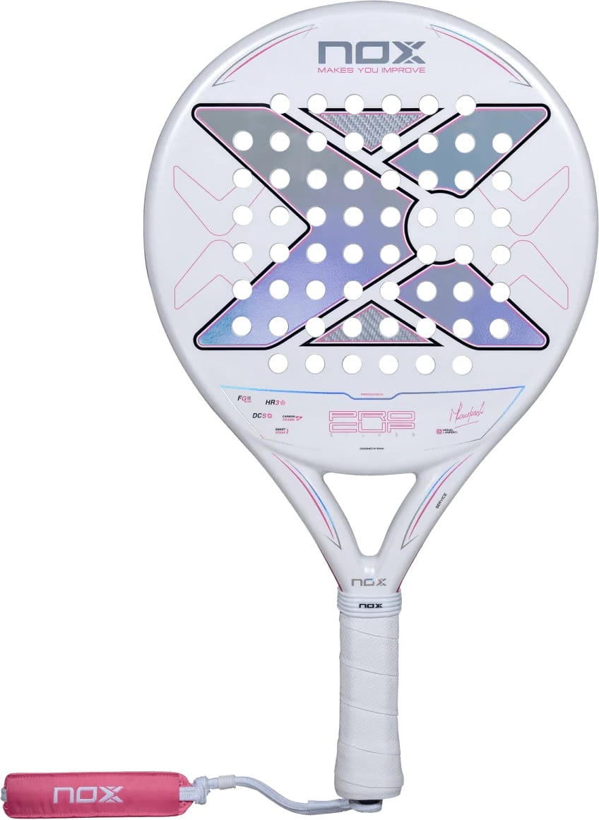 NOX ML10 Pro Cup Silver By Miguel Lamperti 2027 padel racket featuring a white circular head, a perforated face with a large X pattern, and a pink wrist strap.
