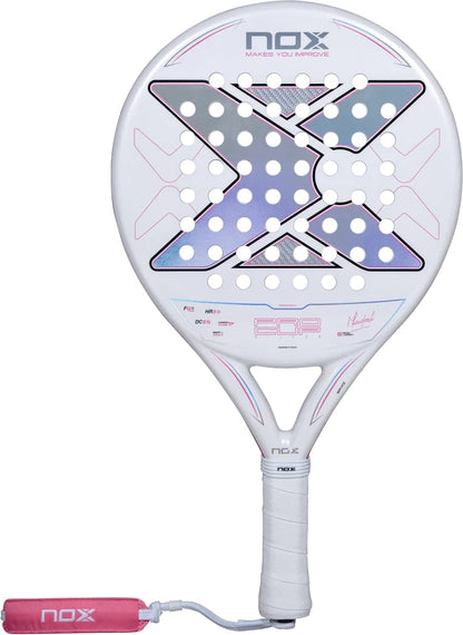 NOX ML10 Pro Cup Silver By Miguel Lamperti 2027 padel racket featuring a white circular head, a perforated face with a large X pattern, and a pink wrist strap.