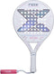 NOX ML10 Pro Cup Silver By Miguel Lamperti 2027 padel racket featuring a white circular head, a perforated face with a large X pattern, and a pink wrist strap.