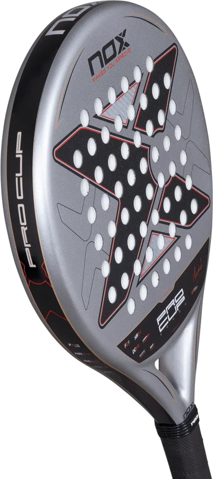Silver and black NOX ML10 Pro Cup Rough Surface By Miguel Lamperti 2027 padel racket with a star-shaped hole pattern on the face and “Pro Cup” text along the side.