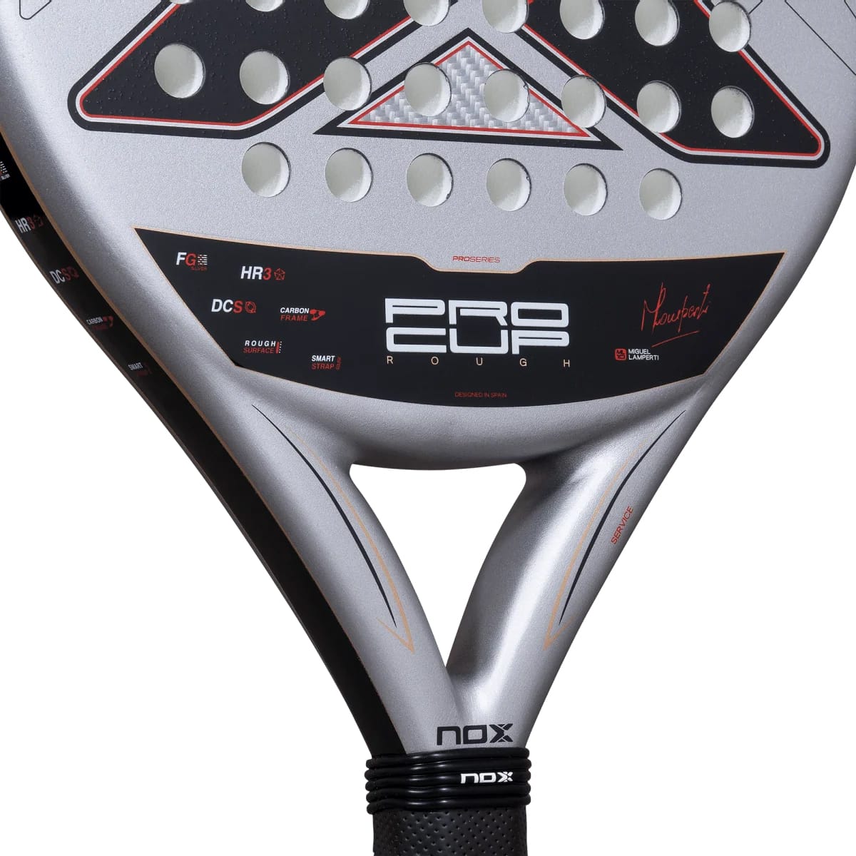 Close-up of a silver NOX ML10 Pro Cup Rough Surface By Miguel Lamperti 2027 padel racket, showing the perforated face, black center branding, signature, and throat.
