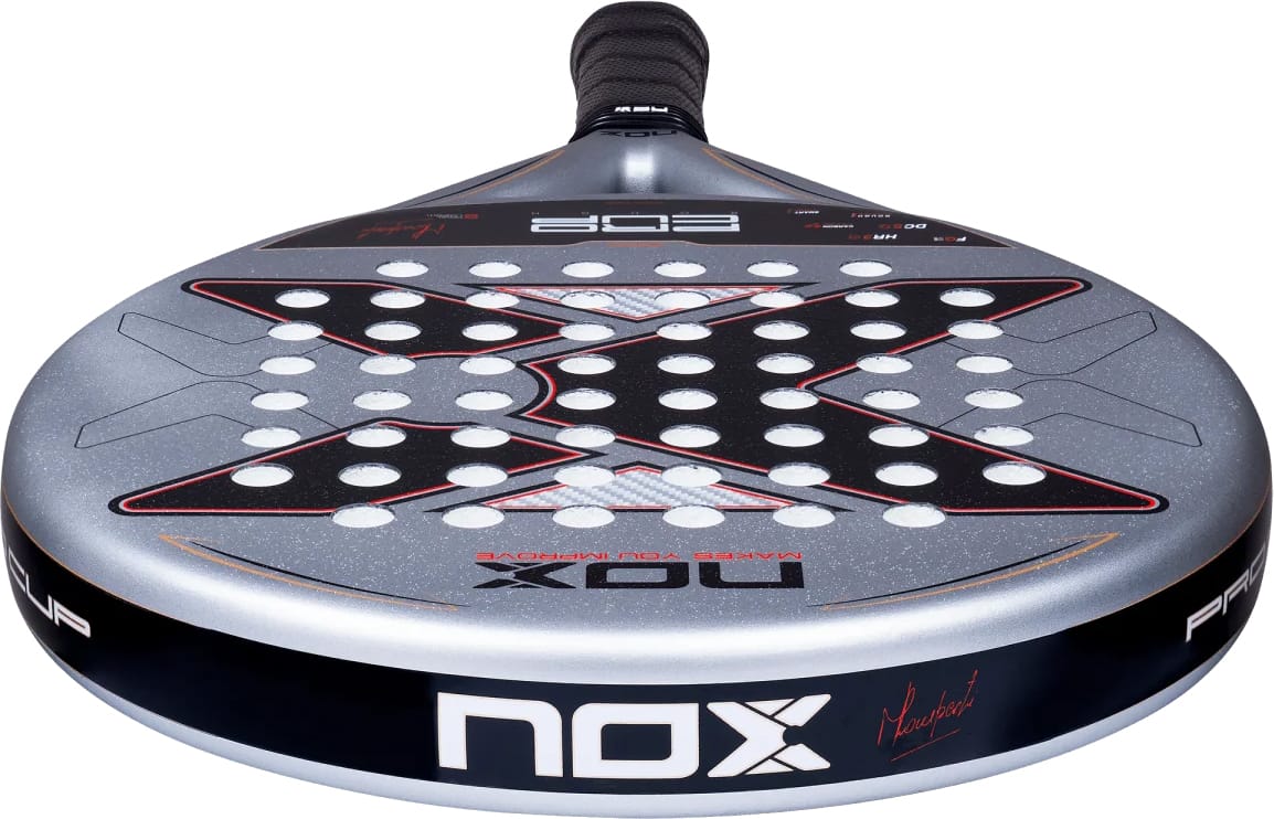 NOX ML10 Pro Cup Rough Surface By Miguel Lamperti 2027 padel racket featuring a silver face, a large black X graphic, and a perforated, rough surface.