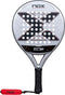 Silver NOX ML10 Pro Cup Rough Surface By Miguel Lamperti 2027 padel racket featuring a black grip, a large black X pattern on the rough hitting surface, and a small red wrist strap.