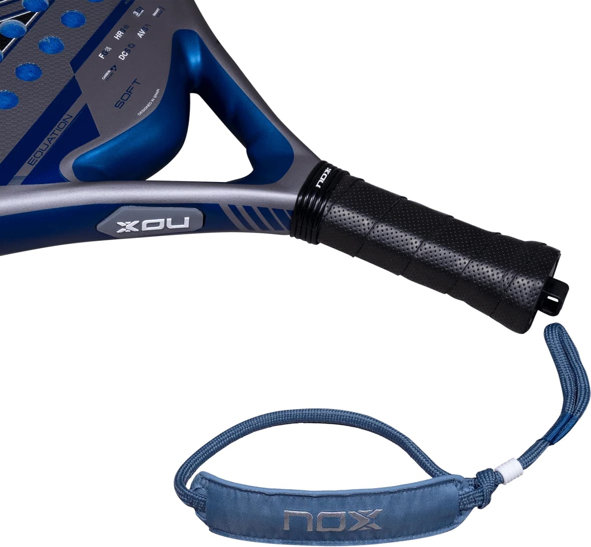 Blue and grey NOX Equation Soft Advanced 2027 padel racket with a perforated black grip and a detachable blue wrist strap.