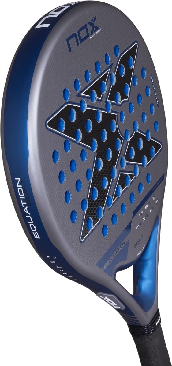 NOX Equation Soft Advanced 2027 padel racket with a grey and blue gradient surface, featuring a large X-shaped cutout pattern and a black handle.