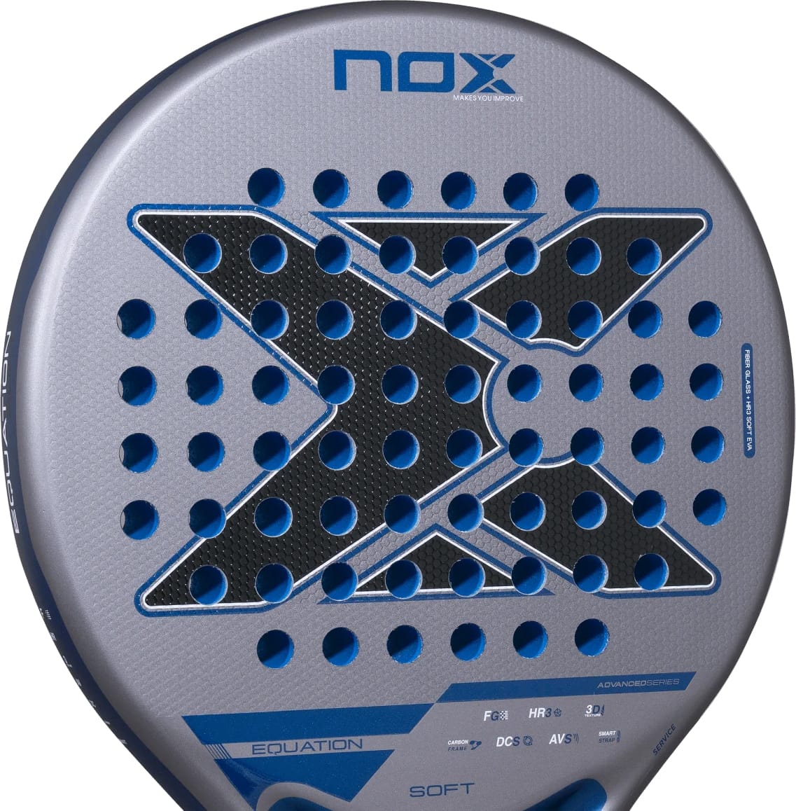 NOX Equation Soft Advanced 2027 padel racket with a large, stylized X graphic, numerous circular perforations, and technical branding on a silver and blue surface.