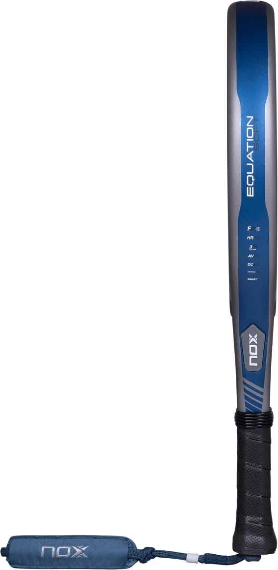 A blue and grey NOX Equation Soft Advanced 2027 padel racket featuring a textured grip and a matching branded wrist strap.