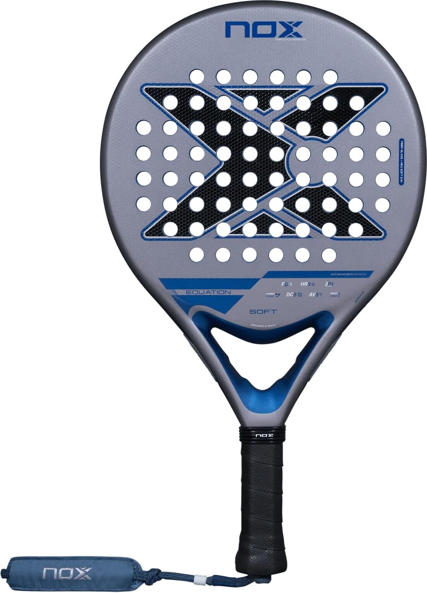 NOX Equation Soft Advanced 2027 padel racket with a grey face, a large black X pattern of holes, and a blue handle with a matching wrist strap.