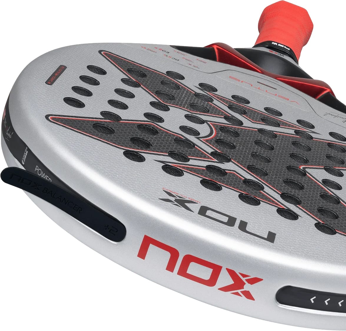 NOX Ventus Control 3K By Miguel Lamperti 2027 padel racket featuring a silver finish, a black star pattern, and a red handle.