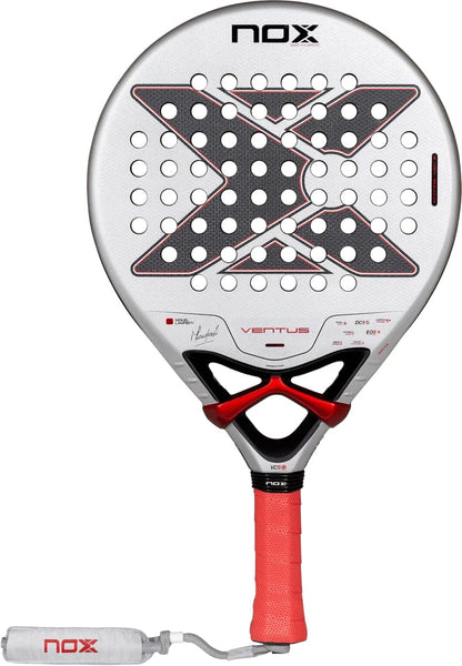 NOX Ventus Control 3K By Miguel Lamperti 2027 padel racket featuring a round, white and black surface with an X-shaped center, a red bridge, a red grip, and an included drawstring bag.