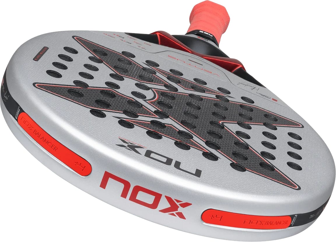 NOX Ventus Control 3K By Miguel Lamperti 2027 padel racket featuring a red handle and a large black star design on the hitting surface.
