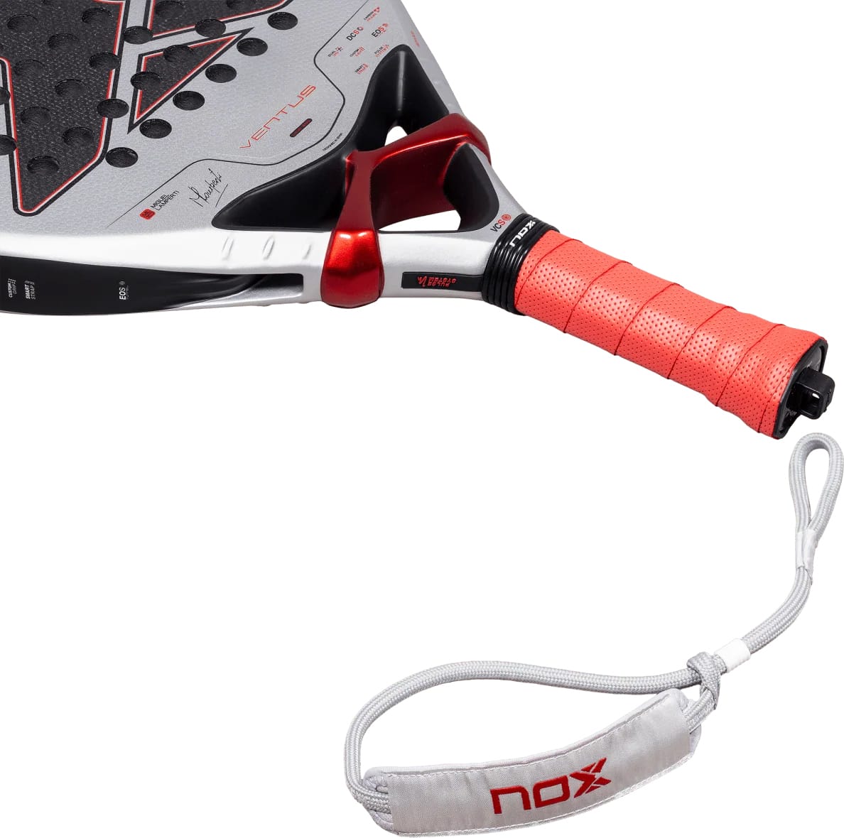 NOX Ventus Control 3K By Miguel Lamperti 2027 padel racket featuring a red-accented throat, red perforated grip, and a grey safety wrist strap with a red logo.