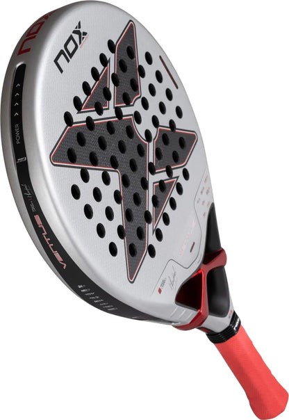 Silver and black NOX Ventus Control 3K By Miguel Lamperti 2027 padel racket featuring a large, dark star-shaped perforated zone and a red handle.