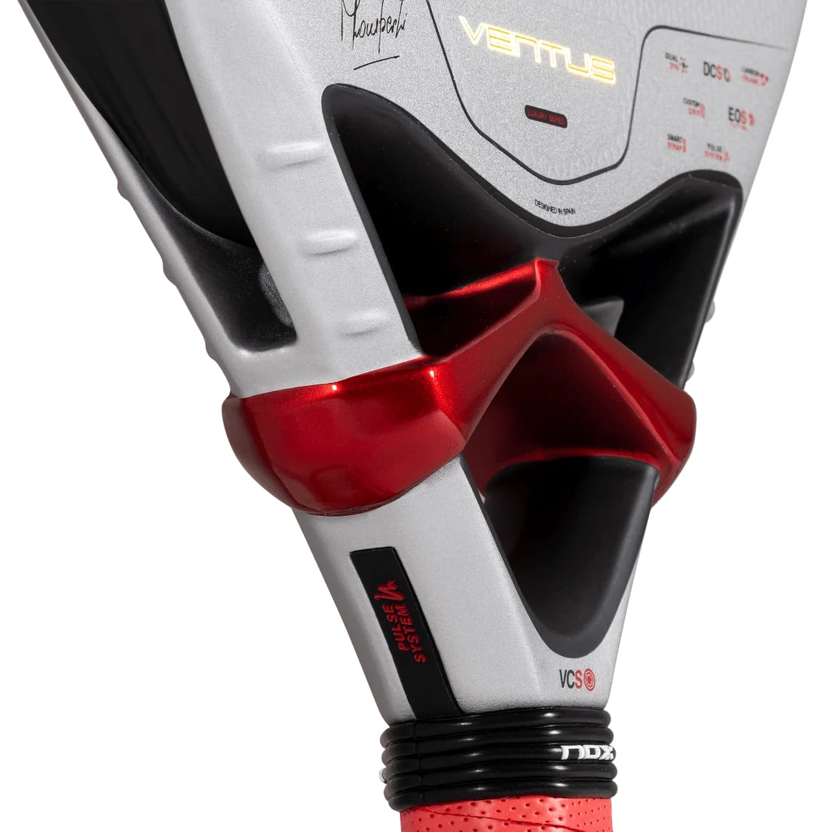 Close-up of the throat and handle of a silver and black NOX Ventus Control 3K By Miguel Lamperti 2027 padel racket, featuring a red bridge and red grip.