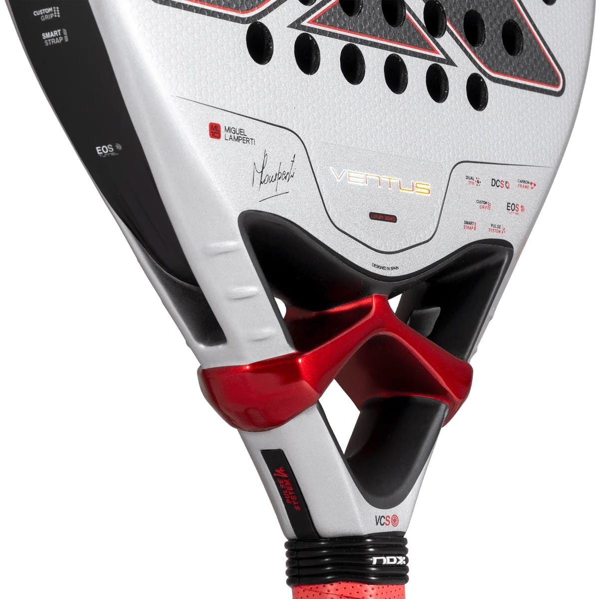 Close-up of a silver NOX Ventus Control 3K By Miguel Lamperti 2027 Padel Racket with a black and red frame, featuring a signature and technical markings on the face.
