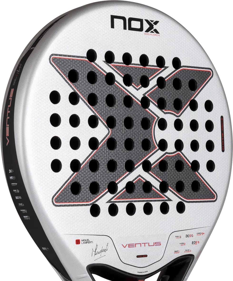 Round NOX Ventus Control 3K By Miguel Lamperti 2027 padel racket with a silver and black surface, featuring a large black X-shaped pattern with holes and red accents.