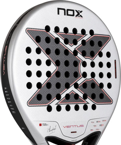 Round NOX Ventus Control 3K By Miguel Lamperti 2027 padel racket with a silver and black surface, featuring a large black X-shaped pattern with holes and red accents.