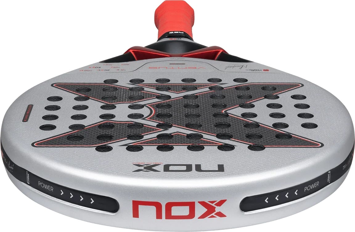 NOX Ventus Control 3K By Miguel Lamperti 2027 padel racket featuring a black X-shaped pattern across the perforated surface and a red handle grip.