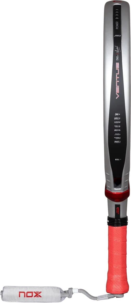 Silver and black teardrop-shaped NOX Ventus Control 3K By Miguel Lamperti 2027 padel racket with a textured face, red grip, and a white wrist strap.
