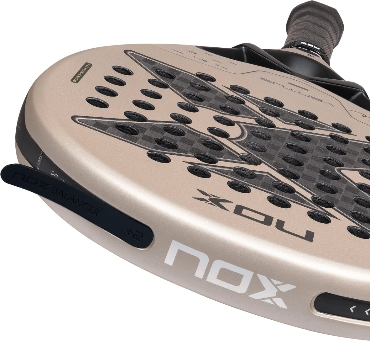 Beige NOX Ventus Hybrid 12K Lite 2027 padel racket with a perforated 12K carbon face, a black star graphic, and an adjustable weight component attached to the side.