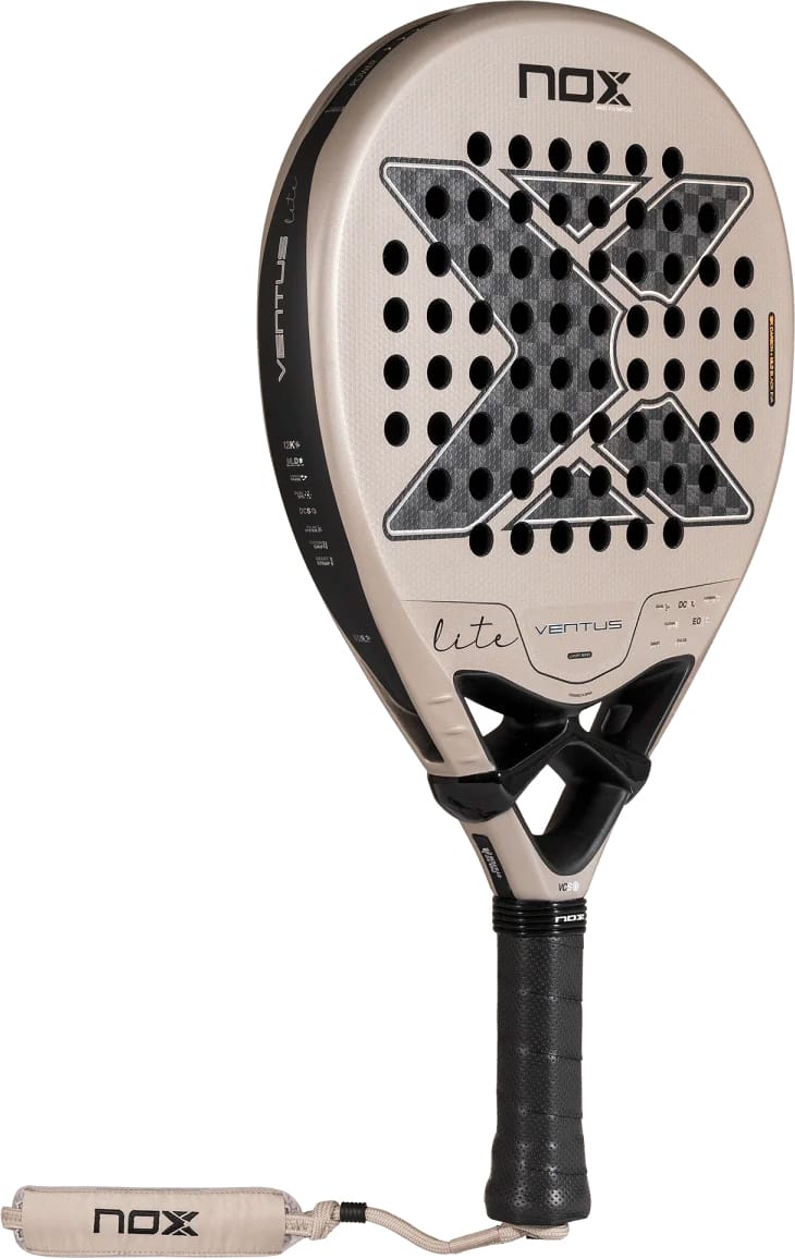 A teardrop-shaped NOX Ventus Hybrid 12K Lite 2027 padel racket featuring a beige and black 12K carbon face, a perforated hitting surface, and a black handle with an attached wrist strap.