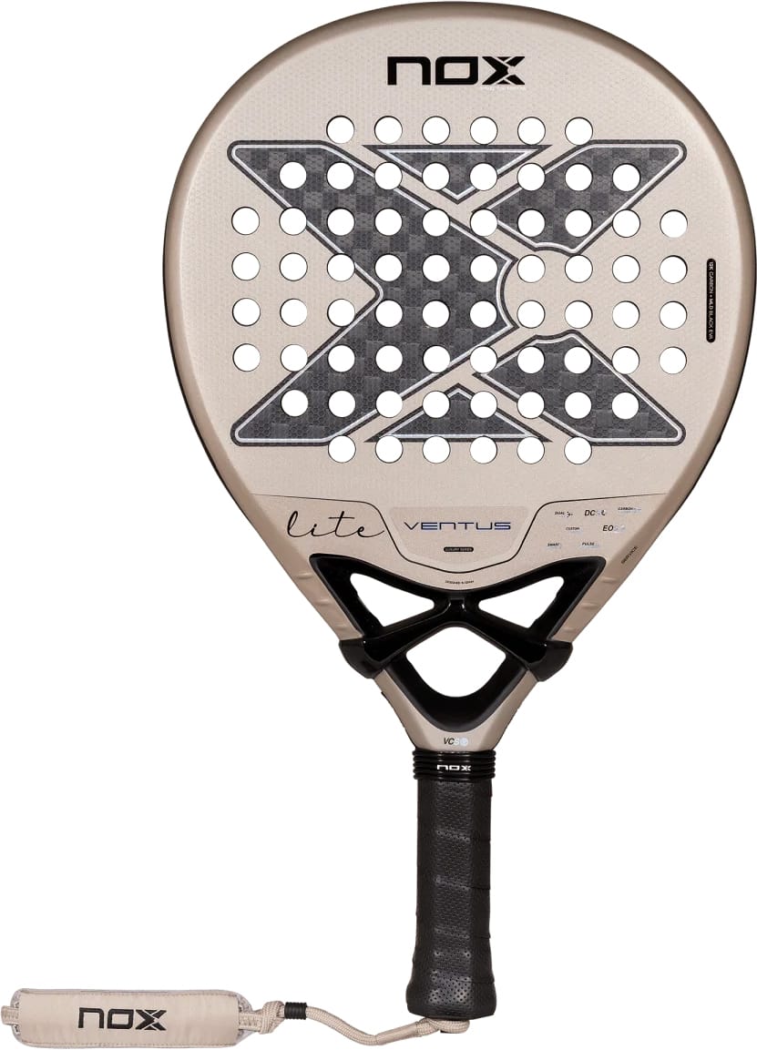 Light beige NOX Ventus Hybrid 12K Lite 2027 padel racket featuring a large, centered X-shaped pattern of holes and a black handle with a wrist strap.
