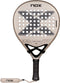 Light beige NOX Ventus Hybrid 12K Lite 2027 padel racket featuring a large, centered X-shaped pattern of holes and a black handle with a wrist strap.