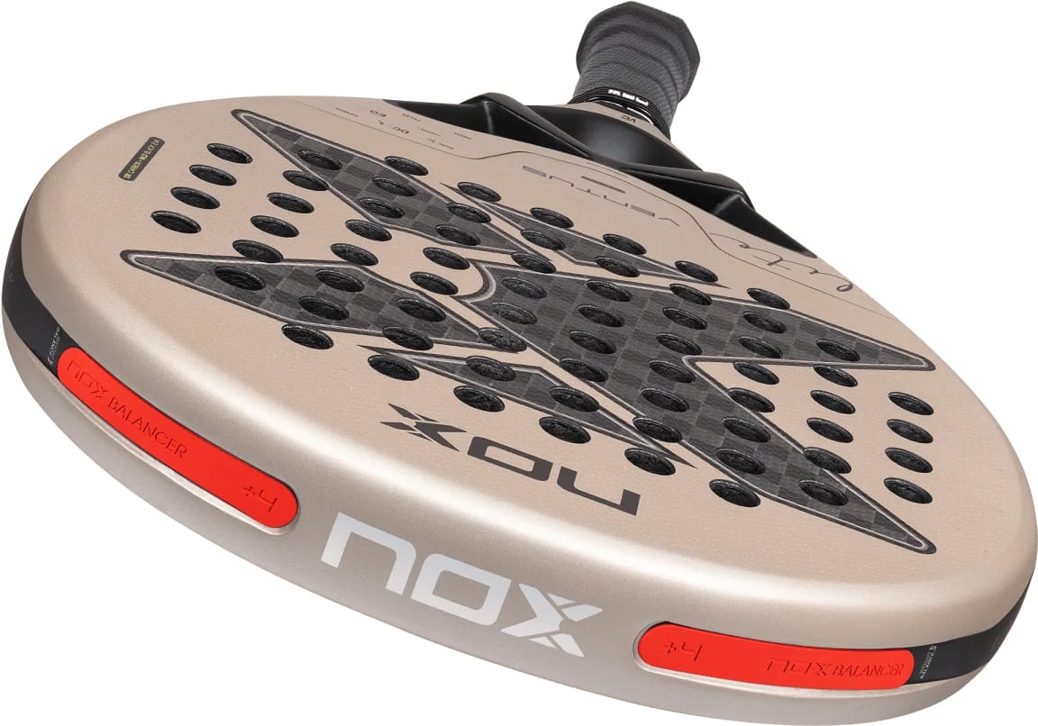 Teardrop-shaped NOX Ventus Hybrid 12K Lite 2027 padel racket featuring a tan surface, a large grey star graphic, and a black handle.