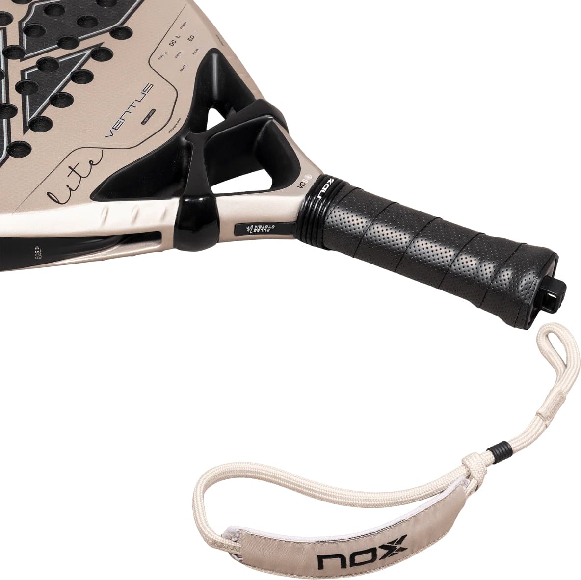 Beige NOX Ventus Hybrid 12K Lite 2027 padel racket featuring a perforated black grip and a wrist strap with a logo.