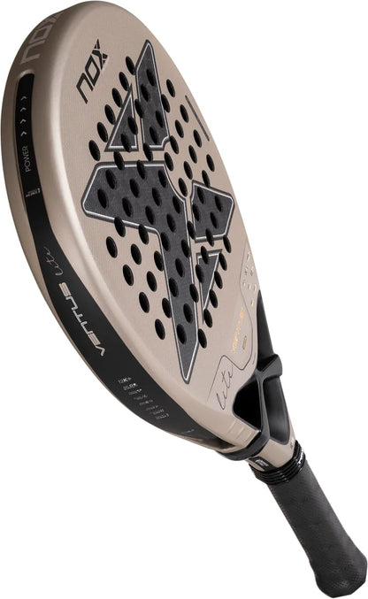 Beige and black NOX Ventus Hybrid 12K Lite 2027 padel racket featuring a teardrop-shaped head and a perforated face.