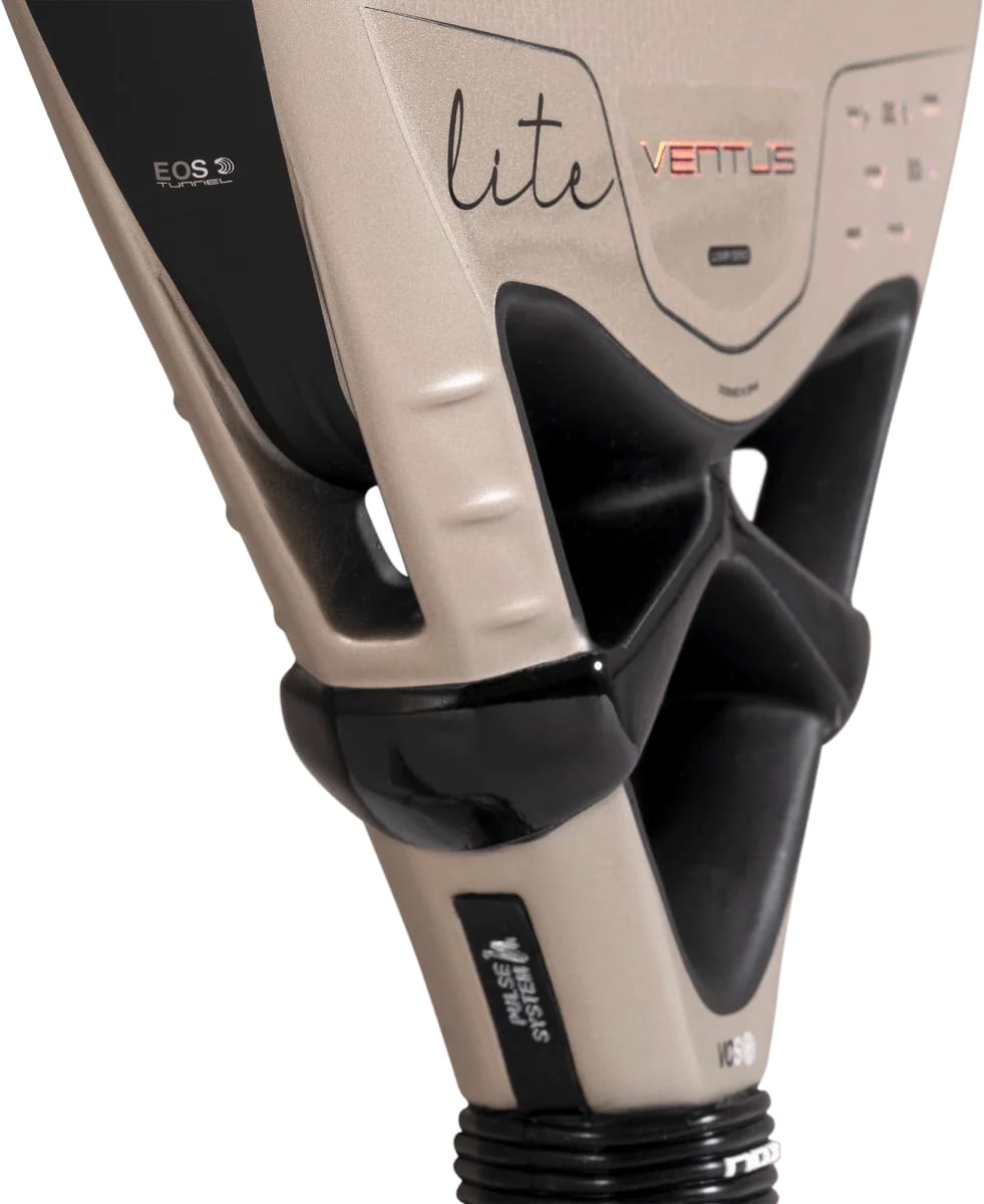 Close-up of the beige and black NOX Ventus Hybrid 12K Lite 2027 padel racket heart, showing an open bridge design with “lite,” “VENTUS,” and “EOS TUNNEL” labels.