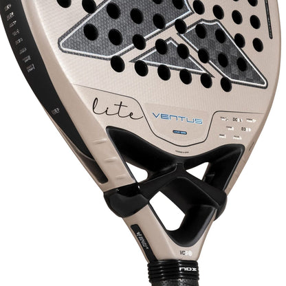 Close-up of a tan NOX Ventus Hybrid 12K Lite 2027 padel racket face with a perforated triangular pattern, featuring the word “lite” in cursive and technical feature labels printed on the frame.